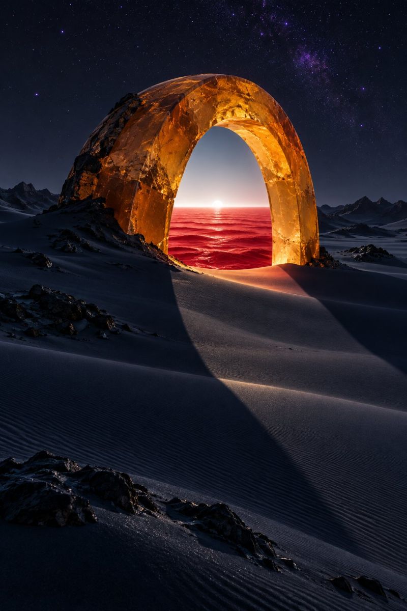 Desert coucher soleil ciel arche sable rocher montagne nuit etoile ombre eau reflet horizon texture nature Au centre de l'image, une grande arche dorée faite d'un matériau apparemment translucide se dresse dans un paysage désertique. La voûte est incurvée et possède une surface lisse et réfléchissante. À travers l'arche, une vue imprenable sur le coucher ou le lever du soleil est visible, avec le ciel peint en rouge foncé et en orange. Le désert qui entoure l'arche est vaste et sablonneux, avec des dunes qui s'étendent au loin. Le ciel au-dessus est sombre et rempli d'étoiles, ce qui ajoute à l'atmosphère surréaliste et mystique de la scène.