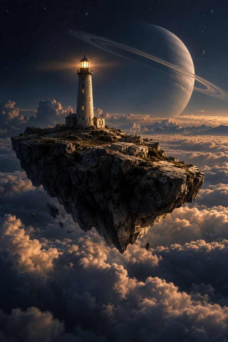 Phare ile nuages nuit ciel planete lune etoiles espace fantaisie imagination architecture batiment structure rocher falaise ocean eau horizon un phare se dresse sur une petite île rocheuse flottant dans le ciel. Le phare est haut et cylindrique, avec une lumière brillante au sommet, projetant une lueur chaleureuse. L'île est entourée de nuages blancs duveteux et le ciel est d'un bleu profond parsemé d'étoiles. En arrière-plan, une grande planète avec des anneaux est visible, ce qui ajoute une impression d'échelle et d'émerveillement. La scène est à la fois surréaliste et sereine, le phare servant de phare dans le vaste ciel ouvert.