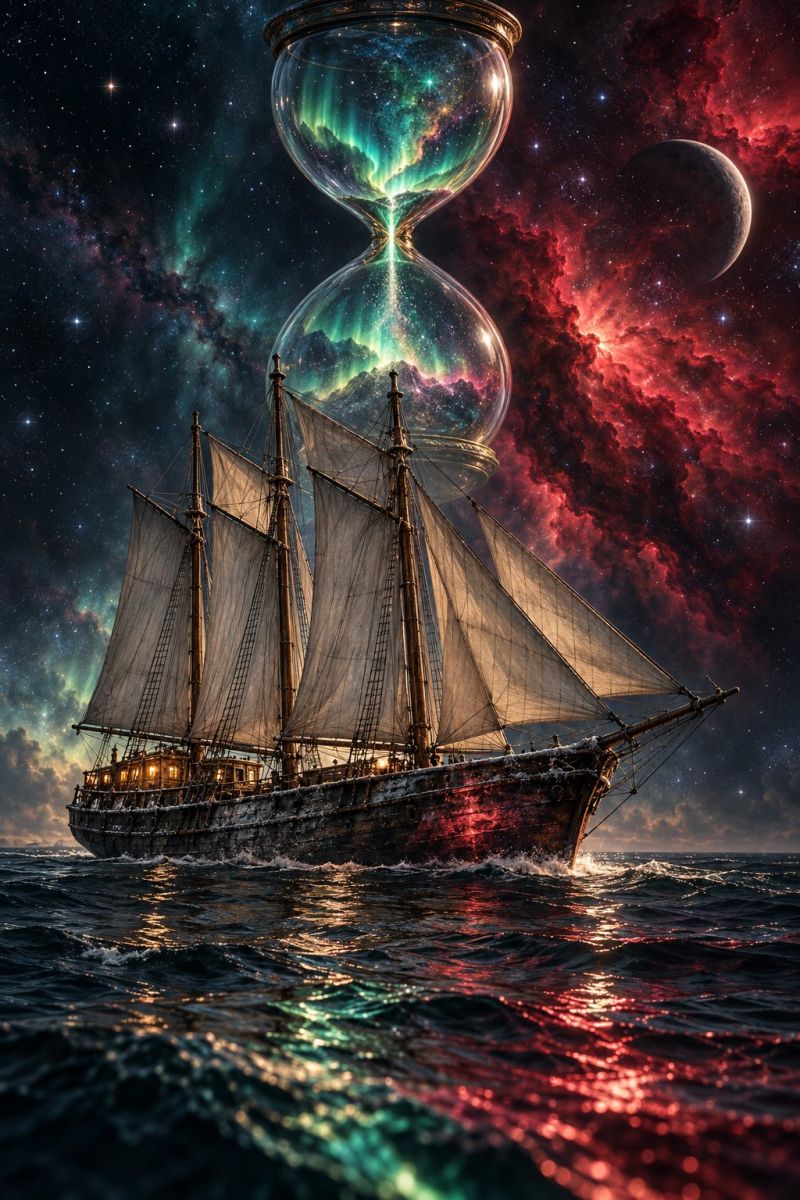 Ship sea water sky night cloud star moon aurora space universe galaxy nebula cosmos astronomy astrophysics celestial starry An old ship sails through the ocean under a dramatic sky filled with vibrant colors. The ship has three tall masts with sails billowing in the wind. Above the ship, an hourglass floats with green and red lights swirling inside, symbolizing the passage of time. The sky is a mix of deep blues, reds, and greens, with stars and a large planet visible in the background. The water reflects the colors of the sky, creating a mystical and adventurous atmosphere.