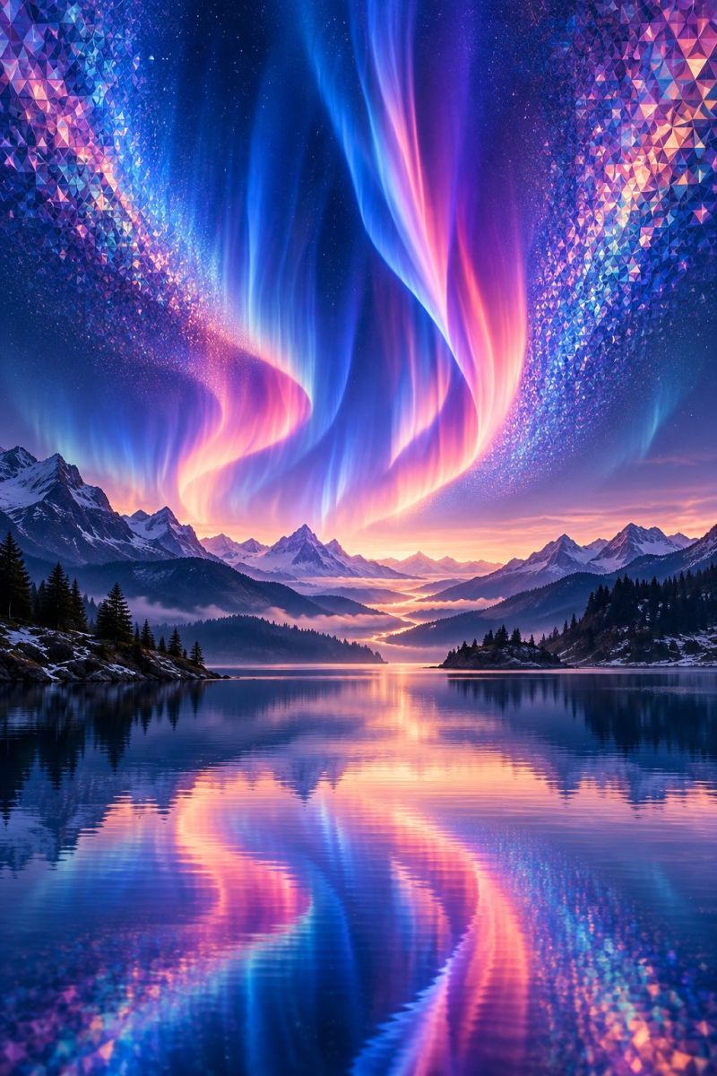 Sky night lake mountain water reflection aurora cloud sunset nature forest snow tree hill rock star skyline A serene landscape features a calm lake reflecting vibrant colors of the sky. The sky is a mix of deep blues, purples, and pinks, with a striking aurora borealis stretching across. The aurora lights up the sky with wavy, glowing lines in shades of blue, pink, and purple. In the background, snow-capped mountains are silhouetted against the colorful sky. The scene is framed by evergreen trees, some of which are dusted with snow. The reflection of the sky and aurora on the lake adds a magical touch to the image.