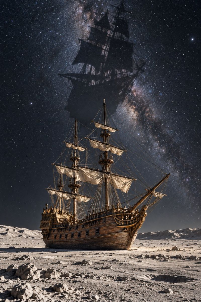 Ship sailing boat sea ocean water sky night stars space moon dark shadow reflection desert rocks dust imagination A large wooden ship with multiple masts and sails is anchored on a sandy surface, possibly a desert or a moon. The ship has a golden hue and appears to be a historical vessel. In the background, there is a silhouette of another ship, possibly a ghost ship, floating in the sky. The sky is dark and filled with stars, and there is a bright, glowing object in the distance, possibly a planet or a star. The image has a surreal and dreamlike quality, with a sense of mystery and adventure.