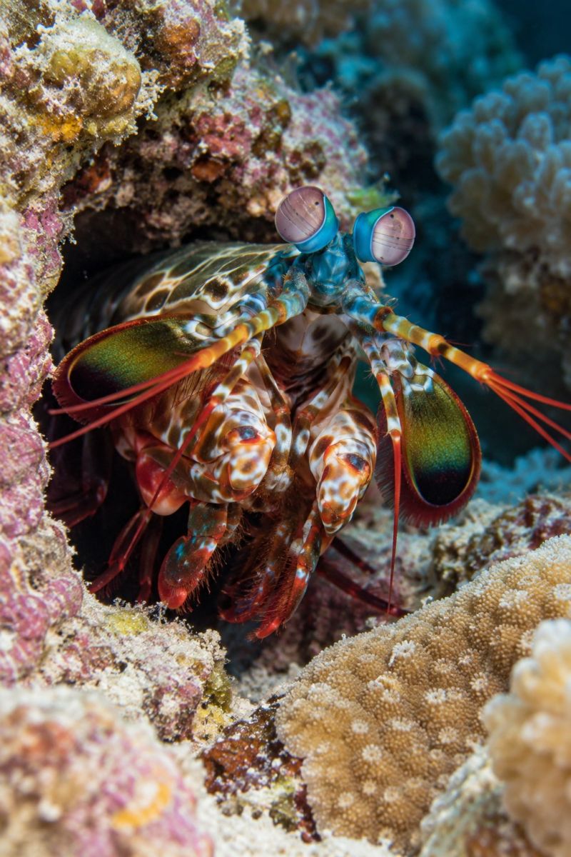 Animal aquatic arthropod blue colorful coral crab creature crustacean eye fish green invertebrate mantis marine ocean predator reef shrimp vibrant and colorful mantis shrimp emerging from a coral reef. The mantis shrimp has a striking appearance with its large, round, and blue eyes, which are positioned on stalks. Its body is adorned with a mix of brown, white, and red spots, and it has long, thin antennae. The shrimp's claws are extended, and they appear to be red and white. The coral reef in the background is a mix of pink, purple, and white colors, with some corals having a textured, bumpy surface. The water surrounding the shrimp is clear and blue, allowing for a detailed view of the marine life.