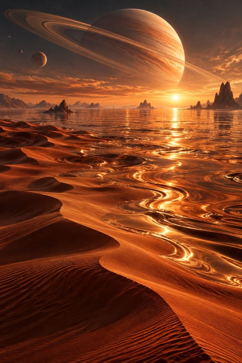 Planet sunset sky space horizon water reflection sand dunes rocks mountains clouds moon stars rings atmosphere texture vast desert landscape under a twilight sky. In the foreground, there are large, undulating sand dunes with intricate patterns, illuminated by the setting sun. The sand is a deep orange color, reflecting the warm hues of the sunset. The sky is a mix of deep blues and oranges, with the sun partially hidden behind a large, gas giant planet. The planet is surrounded by a ring system that casts a faint shadow on the planet's surface. In the distance, there are rocky outcrops and small islands, with the horizon blending into the sky. The water in the foreground is calm, with gentle ripples reflecting the colors of the sky.