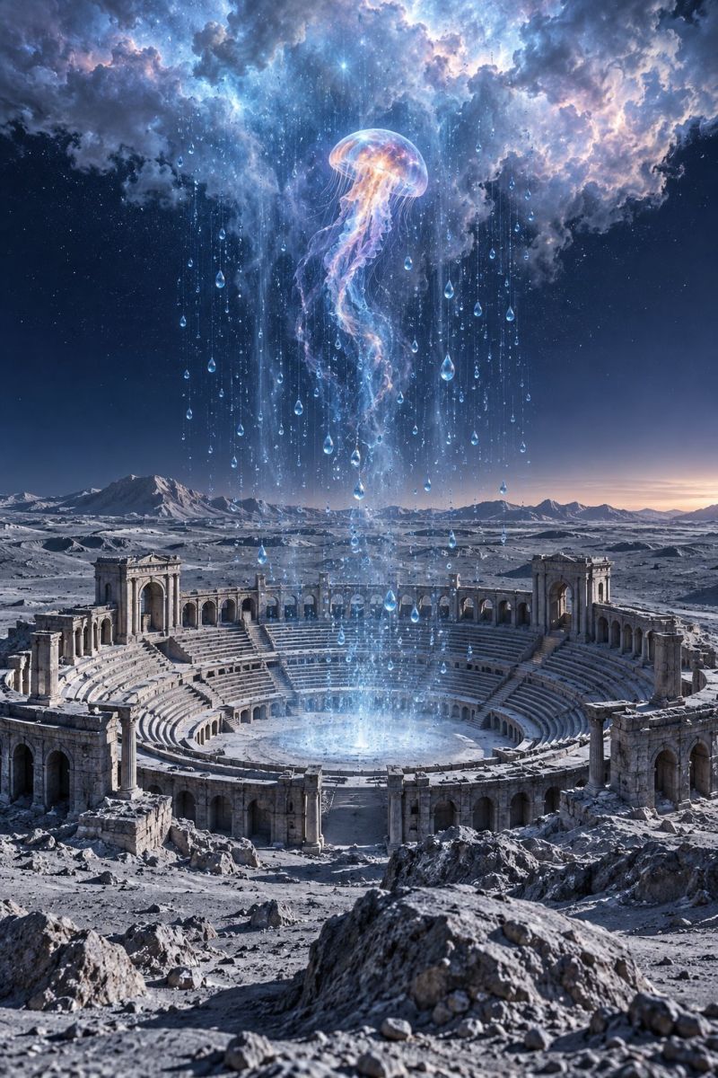 Amphitheater ancient architecture astronomy atmosphere building city cloud clouds desert water falling sky surreal scene with a large, ancient amphitheater set in a desert landscape. The amphitheater is circular and made of stone, with a central fountain that appears to be flowing upwards. Above the fountain, a large jellyfish-like creature hovers, its tentacles reaching down towards the water. The sky is a mix of deep blues and purples, with clouds that seem to be raining water droplets. The water droplets are glowing, adding a magical touch to the scene. In the distance, mountains are visible under a clear, blue sky.