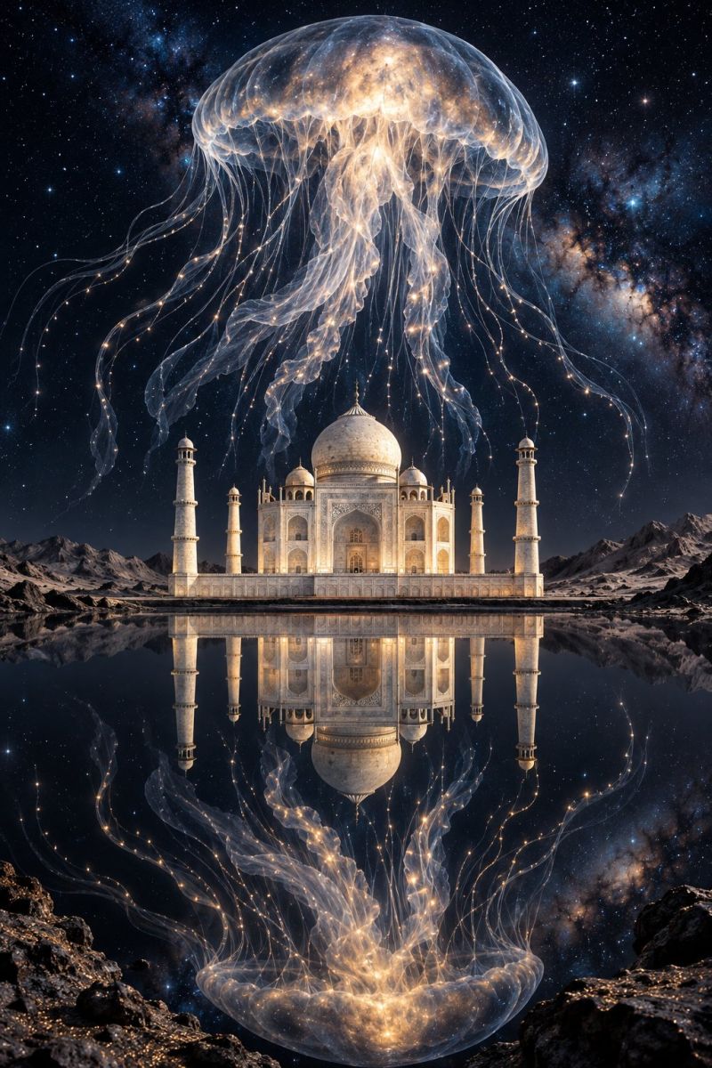 Architecture building classical temple tower The image features the iconic Taj Mahal, a white marble mausoleum in India, set against a night sky filled with stars and a nebula. The Taj Mahal is beautifully illuminated, casting reflections on the water below, which mirrors the structure perfectly. A large, glowing jellyfish floats above the Taj Mahal, its translucent body and long, flowing tentacles creating a surreal and magical effect. The jellyfish's body is illuminated with a soft, ethereal light, adding to the dreamlike quality of the scene. The background is a deep, dark blue, with stars and a nebula adding to the celestial atmosphere. The overall composition is a stunning blend of architecture, nature, and fantasy.