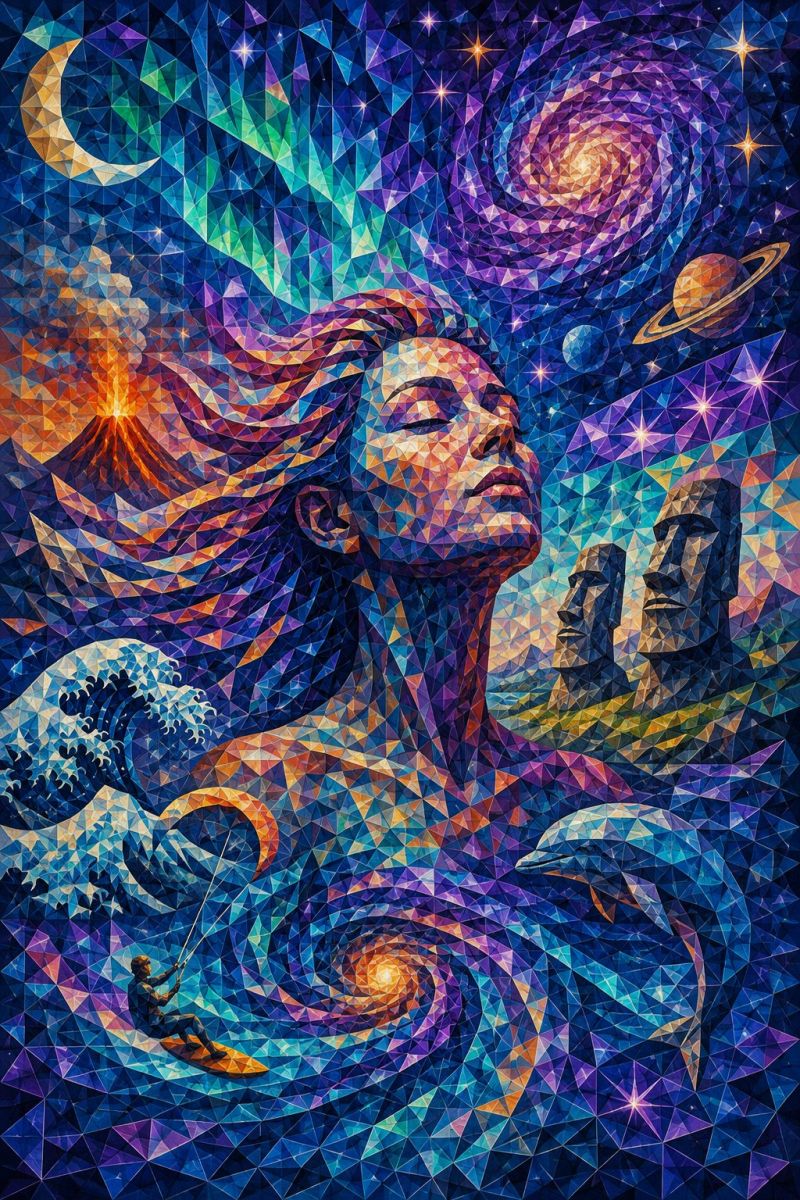Blue colorful composition creativity dolphin dolphins geometric kite kitesurfing kitesurfer mosaic shapes pattern tiles wall woman with flowing hair, her face composed of geometric shapes, looking upward. She is surrounded by a vibrant, abstract background that includes a crescent moon, a galaxy, and various planets. In the foreground, a person is kitesurfing on a wave, with a dolphin swimming nearby. The background also includes a silhouette of two Easter Island statues, and the entire scene is filled with a mix of blue, purple, and orange colors.