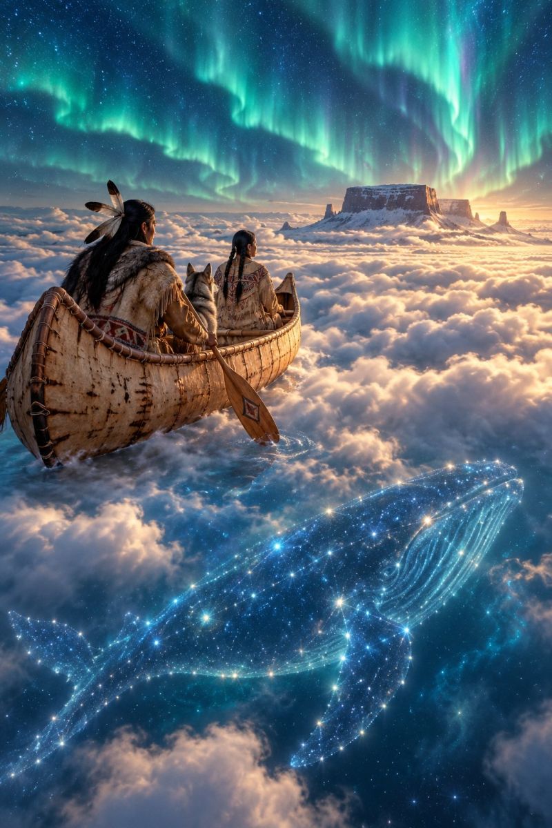 Canoe canoeiste canoeistes Deux individus sont dans un canoë traditionnel en bois, pagayant à travers une mer de nuages. Le canoë est positionné au premier plan, avec la personne à l'avant portant une coiffe à plumes et la personne à l'arrière portant une tresse. Ils sont accompagnés par un petit chien. Le ciel au-dessus est rempli d'aurores boréales vibrantes de vert et de violet, et l'horizon est parsemé de montagnes enneigées. Sous le canoë, une baleine bleue lumineuse avec des motifs en forme d'étoiles nage à travers les nuages. La scène se déroule sur fond de ciel nocturne étoilé.