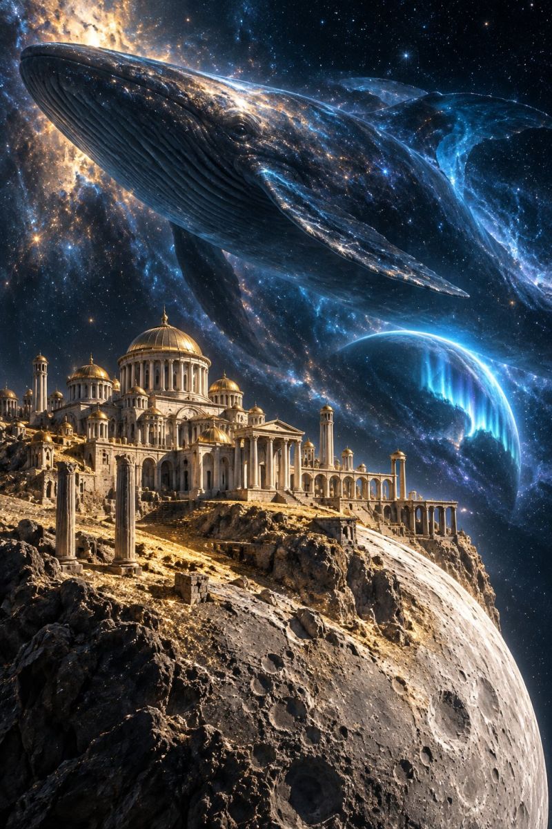 Architecture astronomie batiment ville classique temple Un vaste paysage urbain construit sur une falaise rocheuse, avec une conception architecturale grandiose comprenant de nombreux dômes et colonnes dorés. La ville a pour toile de fond une vaste lune rougeoyante avec des cratères et un ciel étoilé et sombre. Au-dessus de la ville, une énorme créature ressemblant à une baleine flotte dans l'espace, son corps illuminé par une lumière vive et éthérée. En arrière-plan, une galaxie tourbillonnante aux couleurs éclatantes et aux étoiles ajoute au décor cosmique.