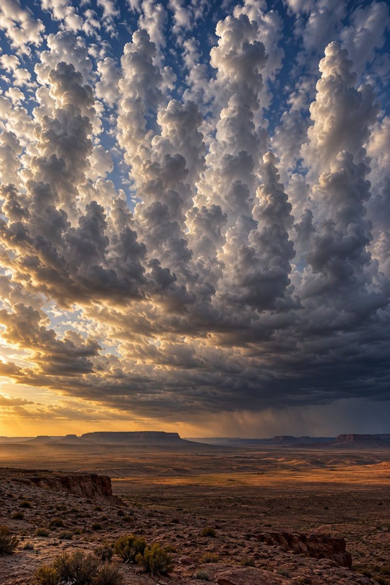 Sky clouds desert mountains sun sunlight weather nature outdoors horizon sunset storm rain atmosphere cloudscape geology rocks vegetation vista vast desert landscape under a dramatic sky filled with towering cumulonimbus clouds. The clouds are dense and dark, suggesting an impending storm, with some areas illuminated by the setting sun, casting a warm, golden light across the scene. The horizon is lined with rugged, rocky cliffs and sparse vegetation, typical of a desert environment. The sky transitions from a deep blue to a lighter blue near the horizon, where the sun's rays pierce through the clouds, creating a striking contrast. The ground is covered in a mix of small shrubs and scattered rocks, with the overall scene evoking a sense of isolation and the raw power of nature.