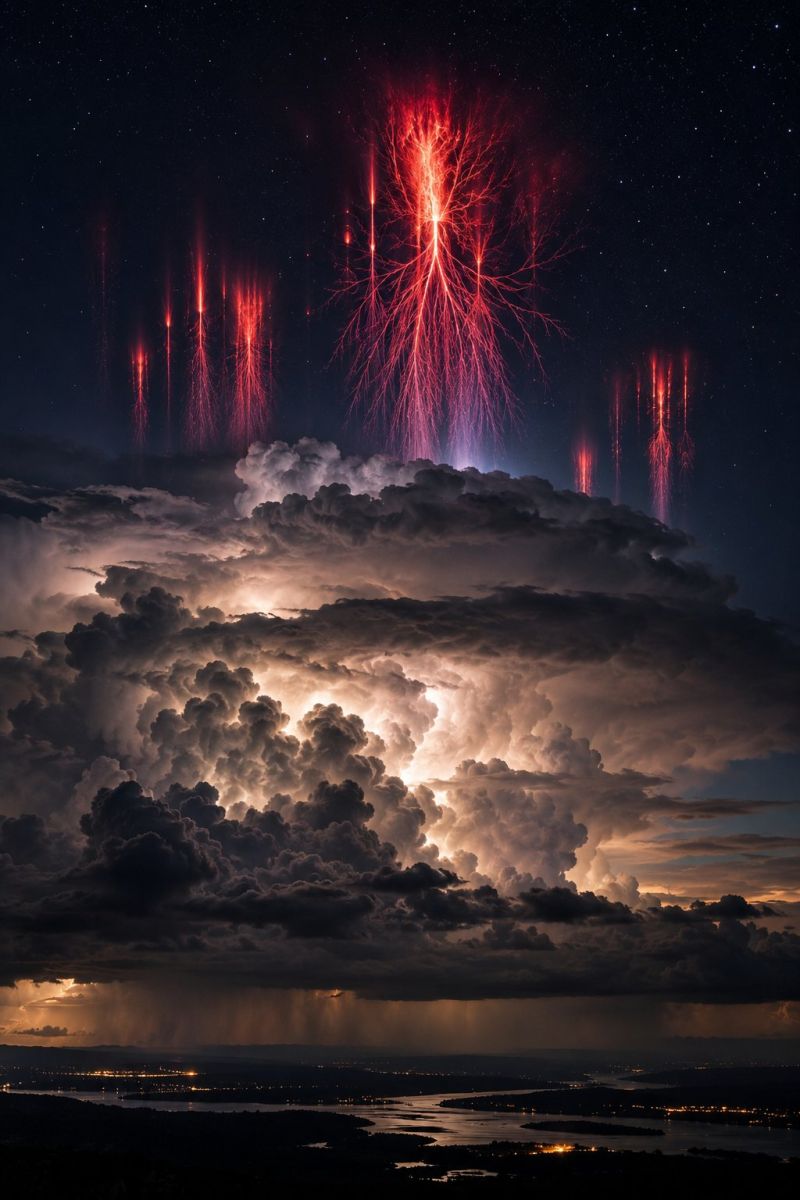 Storm lightning clouds night sky weather atmosphere dark electricity nature power thunder rain flash illumination brightness A dramatic night sky filled with towering storm clouds illuminated by lightning. The clouds are dark and dense, with flashes of bright red lightning striking through them. The lightning bolts are branching out in various directions, creating a striking and intense visual effect. The sky is dark blue, with stars faintly visible in the distance. Below the storm, a city skyline is visible, with lights twinkling in the distance. The scene is both awe-inspiring and slightly ominous, capturing the raw power of nature.