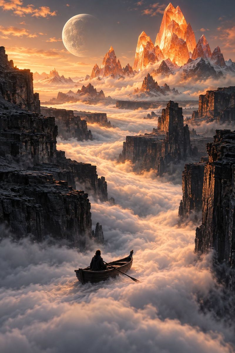 Bateau canot canoe nuage nuages croisiere navire pont chaise Au premier plan, une personne est assise dans un petit bateau et pagaie à travers d'épais nuages. Le bateau est en bois et semble robuste. La personne porte une veste à capuche et semble concentrée sur son voyage. Les nuages sont denses et blancs, ce qui crée un sentiment d'isolement. Derrière le bateau, le paysage est accidenté avec des falaises rocheuses abruptes qui émergent des nuages. Au loin, une vaste chaîne de montagnes rougeoyante est visible, avec des sommets qui semblent être faits de cristal ou de quartz, reflétant la lumière chaude et dorée du soleil couchant. Le soleil lui-même est grand et plein, projetant une lueur douce et chaude sur l'ensemble de la scène. Le ciel au-dessus est un mélange de teintes orange et rose, indiquant l'heure du coucher du soleil.
