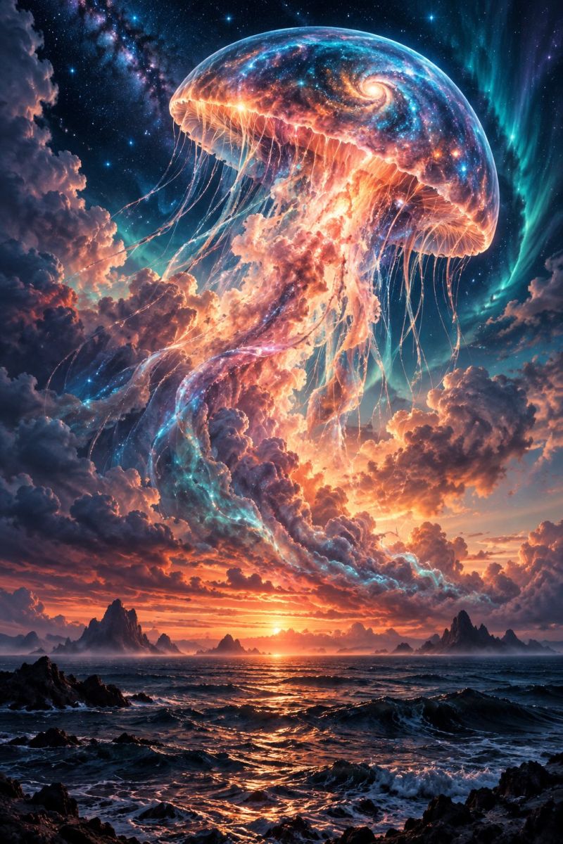 Ocean ciel nuage coucher soleil eau roche mer Une grande méduse lumineuse flotte dans le ciel, son corps translucide illuminé par un coucher de soleil vibrant. Les tentacules de la méduse se balancent doucement, et son corps est un mélange de teintes roses, orange et bleues. Le ciel est un mélange de bleus profonds et de violets, avec des nuages dispersés. Le soleil se couche à l'horizon, projetant une douce lueur sur l'océan en contrebas. L'océan est calme, avec de petites vagues qui viennent doucement lécher le rivage. Au loin, il y a des falaises rocheuses et la silhouette d'une chaîne de montagnes.