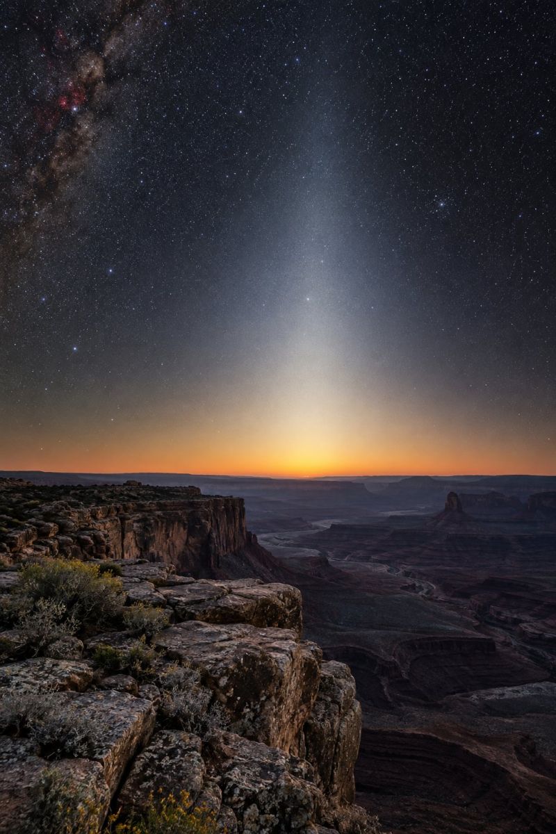 Stars sunset horizon mountain valley canyon desert rock cliff rocky outdoors nature astronomy scenery night sky milky way formation breathtaking night sky over a vast, rocky landscape. The sky is dark and filled with countless stars, with a prominent Milky Way stretching across the top. A bright, glowing line, likely the zodiacal light, extends from the horizon up to the Milky Way. The horizon is tinged with the warm colors of a sunset, transitioning from orange to pink. Below, the rocky terrain is rugged and expansive, with a deep canyon visible in the distance. The scene is serene and majestic, capturing the beauty of the night sky and the grandeur of the natural landscape.