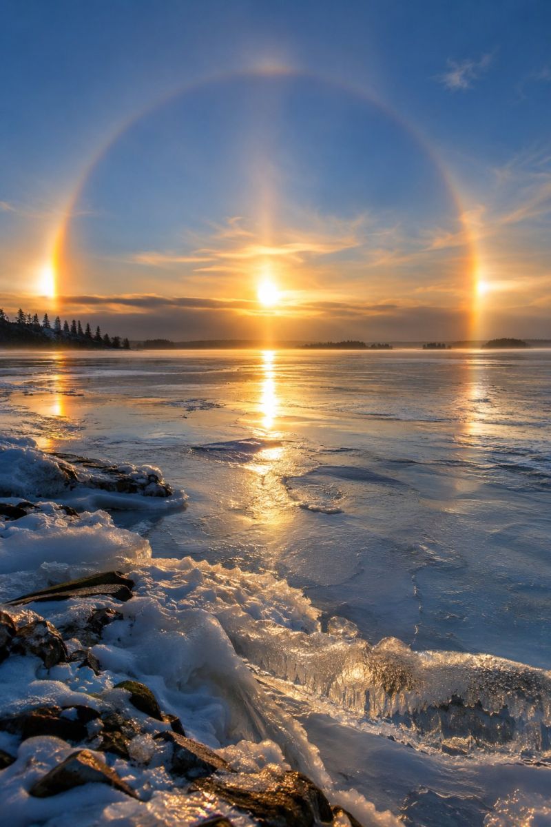 Parhelies halo lac gele image photographie magnifique prise précise montrant les méfaits sauvage des activités humaines sur la biodiversité sur la parhelies halo lac gele