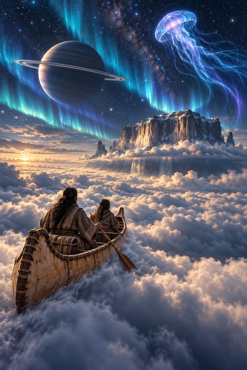 Canoe kayak canoeiste canoeistes Deux personnes se trouvent dans un canot et pagayent dans d'épais nuages. Le canoë est en bois et présente un design simple. La personne de devant a les cheveux longs et porte une veste doublée de fourrure. La personne derrière eux porte également une veste doublée de fourrure et tient une pagaie. Le ciel est rempli d'étoiles et il y a une grande planète avec des anneaux, une méduse flottant dans le ciel et une chaîne de montagnes recouverte de neige. Le ciel est également rempli d'aurores boréales vertes et violettes.