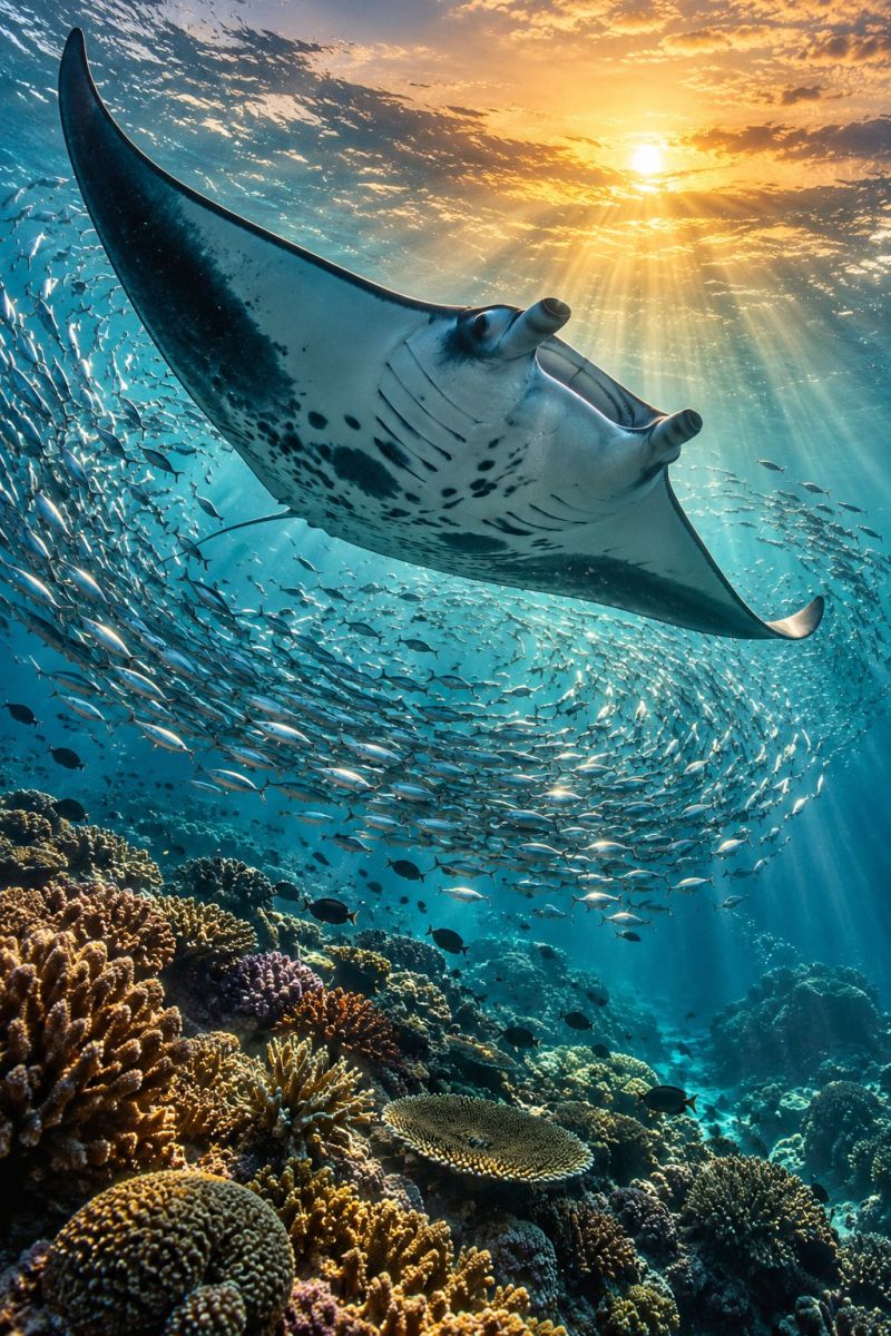 Ocean fish sunlight underwater tropical sea wildlife sunset nature aquatic biodiversity reef seascape coral manta ray marine life scuba diving school A large manta ray with a distinctive pattern of black spots on its wings glides gracefully through the ocean, surrounded by a dense school of silver fish. The water is clear, allowing sunlight to filter through, creating a beautiful play of light and shadow. The ocean floor is adorned with vibrant coral reefs in various shapes and colors, adding to the underwater scene's richness. The sun is setting in the background, casting a warm glow over the entire scene.