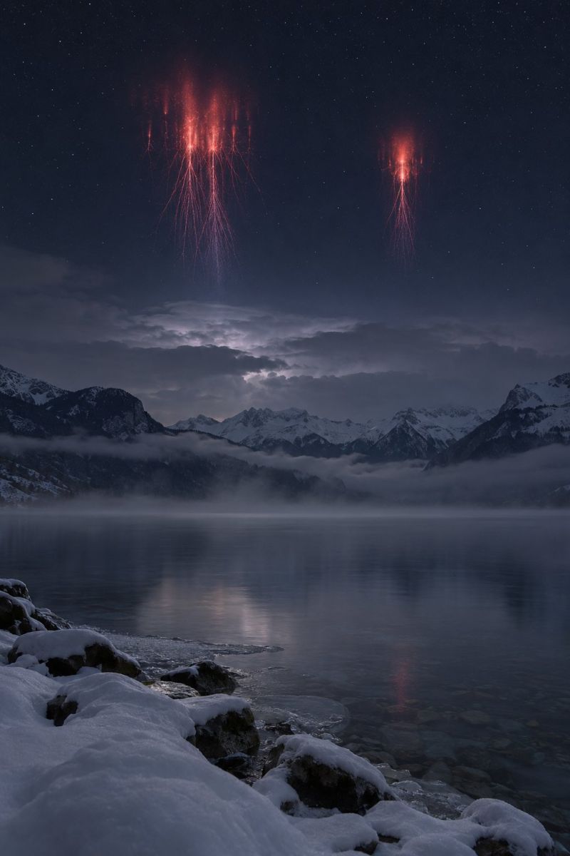 Sprites rouges dessus lac annecy image magnifique prise précise montrant les méfaits sauvage des activités humaines sur la biodiversité sur la sprites rouges dessus lac d annecy