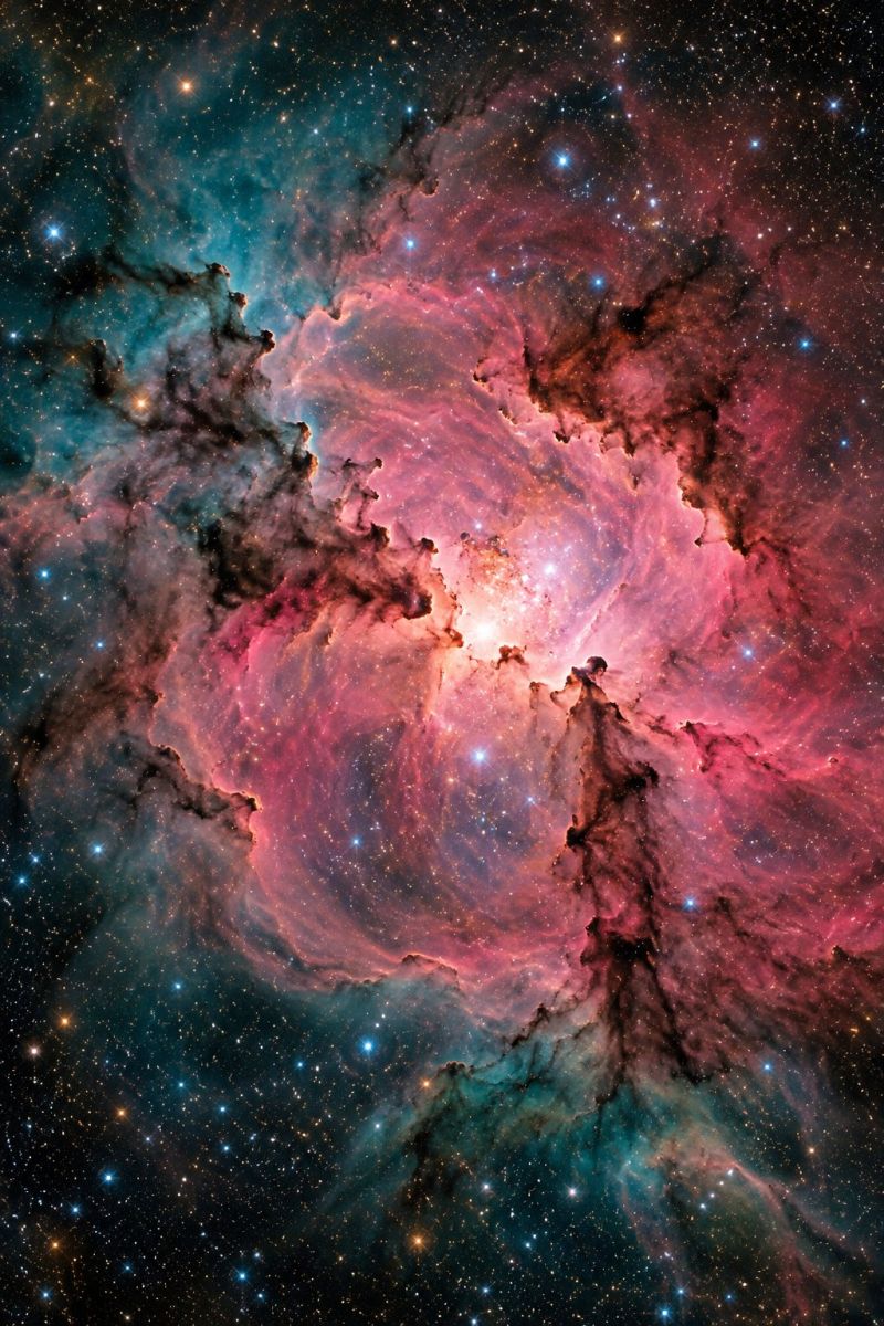 Nebula space astronomy universe galaxy star cosmos astrophysics celestial cosmic astronomical astrophotography starburst interstellar outer formation The image showcases a nebula, a vast cloud of gas and dust in space. The nebula is predominantly pink and red, with swirling patterns and intricate details. It is surrounded by a dark, deep blue background, creating a striking contrast. The nebula appears to be in the process of forming new stars, with bright, glowing areas indicating regions of intense activity. The image is filled with countless stars of varying sizes and brightness, adding to the overall beauty and complexity of the scene.