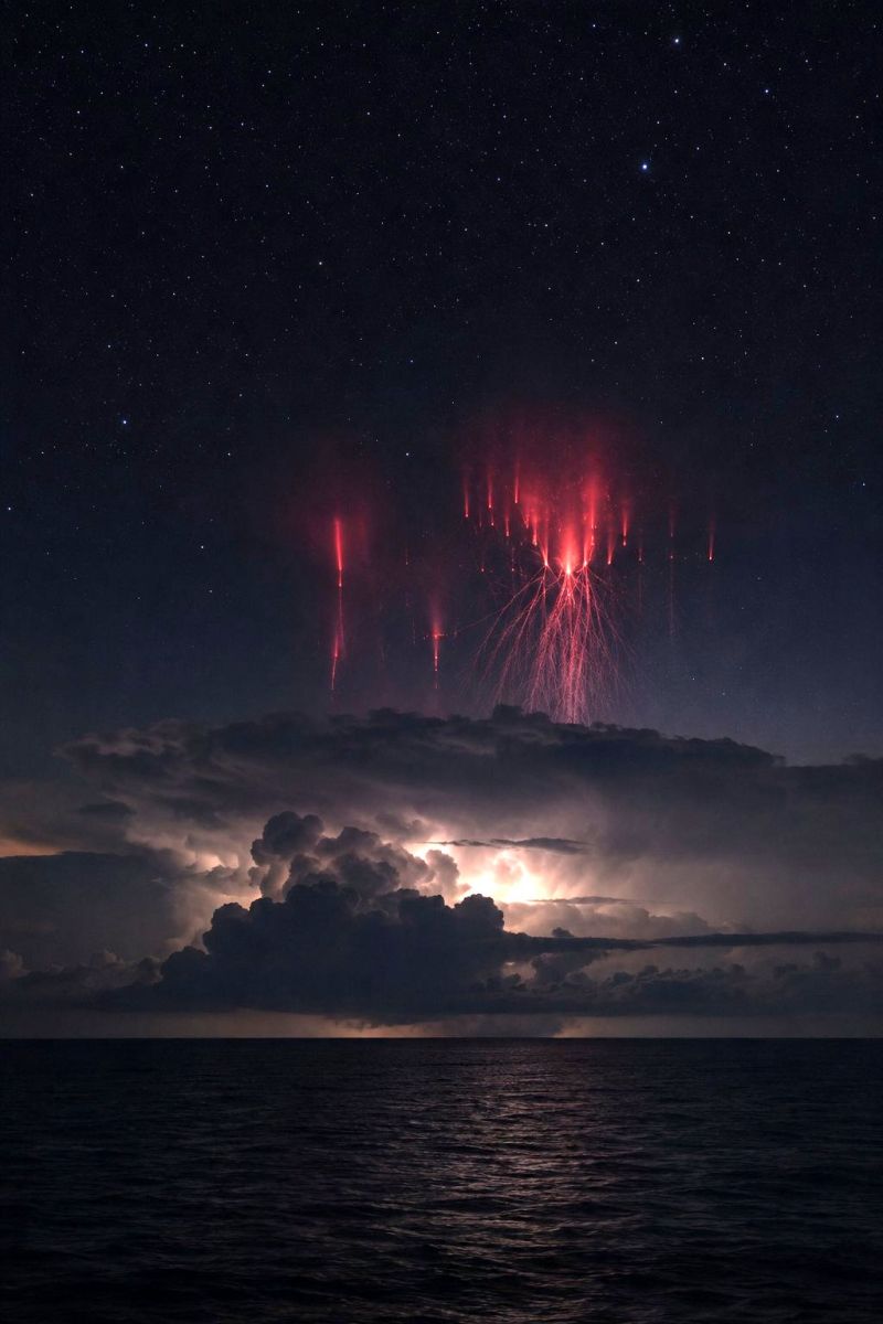 Night sky cloud lightning storm dark weather atmosphere red sea ocean water nature meteorology meteor astronomy space A night sky filled with stars and a large cloud formation. The cloud is illuminated by a bright light, possibly from a lightning strike, and there are several red streaks of light shooting up from the cloud. The red streaks are in the shape of a flower, with the petals pointing upwards. The sky is dark, and the sea below is calm.