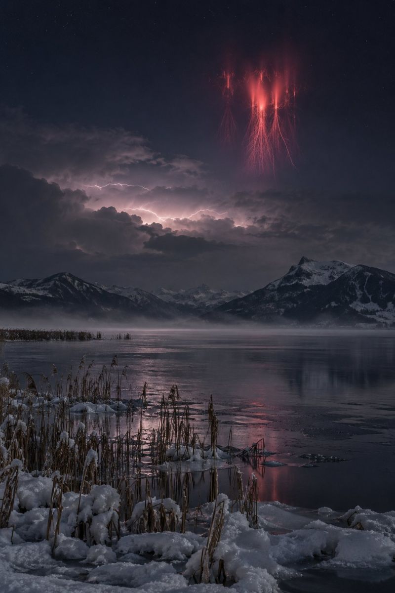 Sprites rouges dessus lac annecy image magnifique prise précise montrant les méfaits sauvage des activités humaines sur la biodiversité sur la sprites rouges dessus lac d annecy