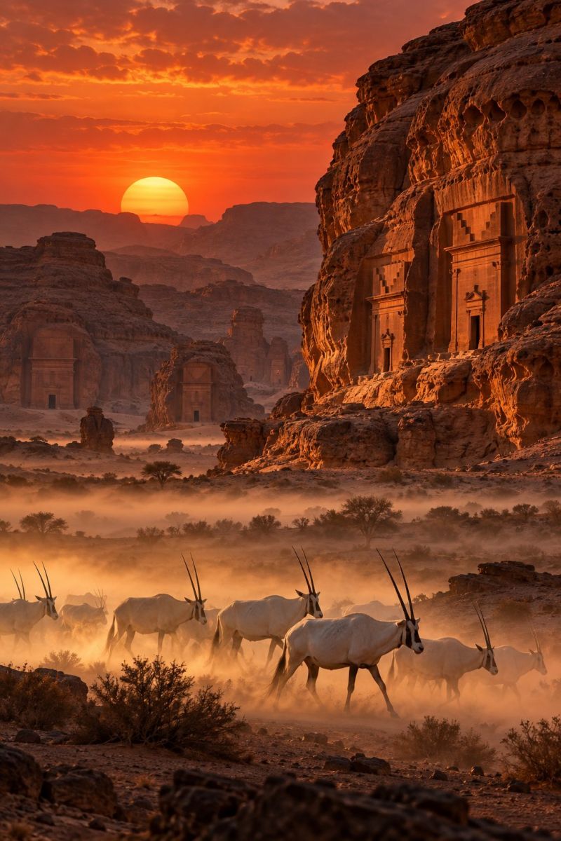 Desert sunset wildlife nature rock mountain sky cloud sun rocky formation cliff side wall edge surface texture In a desert landscape, a herd of white oryxes with long, curved horns are moving through a misty valley. The sun is setting on the horizon, casting an orange glow over the scene. In the background, there are large rock formations with ancient architectural structures carved into them, possibly tombs. The sky is filled with clouds, and the overall atmosphere is serene and majestic.