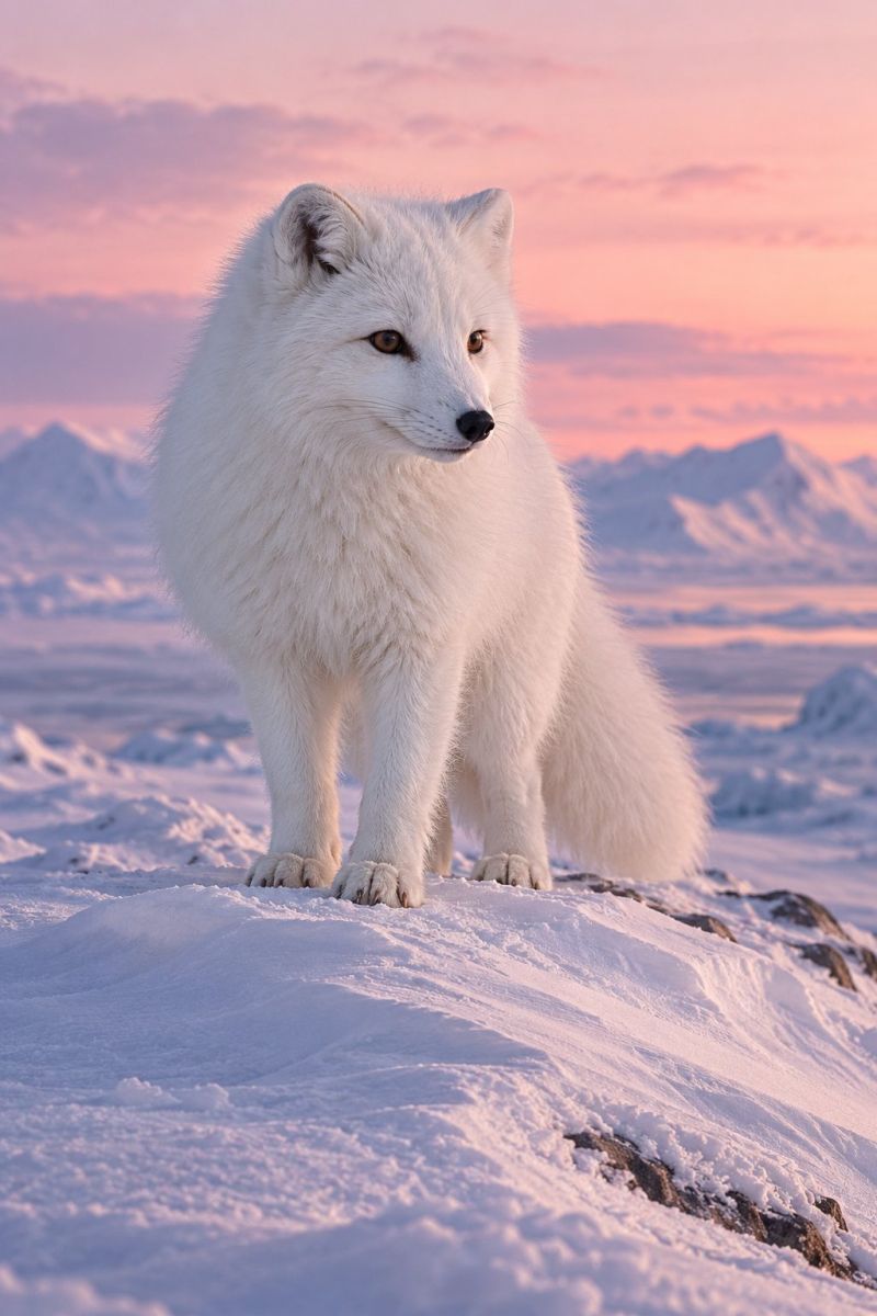 Arctic fox snow mountain wildlife nature sunset sky animal outdoors cold ice fur mammal polar rock horizon cloud A white Arctic fox stands on a snowy hill, its fur thick and white, blending perfectly with the snow. The fox's eyes are a deep brown, and its ears are perked up, showing alertness. The sky behind it is a soft gradient of pink and purple, indicating either dawn or dusk. In the background, there are distant mountains, their peaks dusted with snow, creating a serene and expansive landscape.