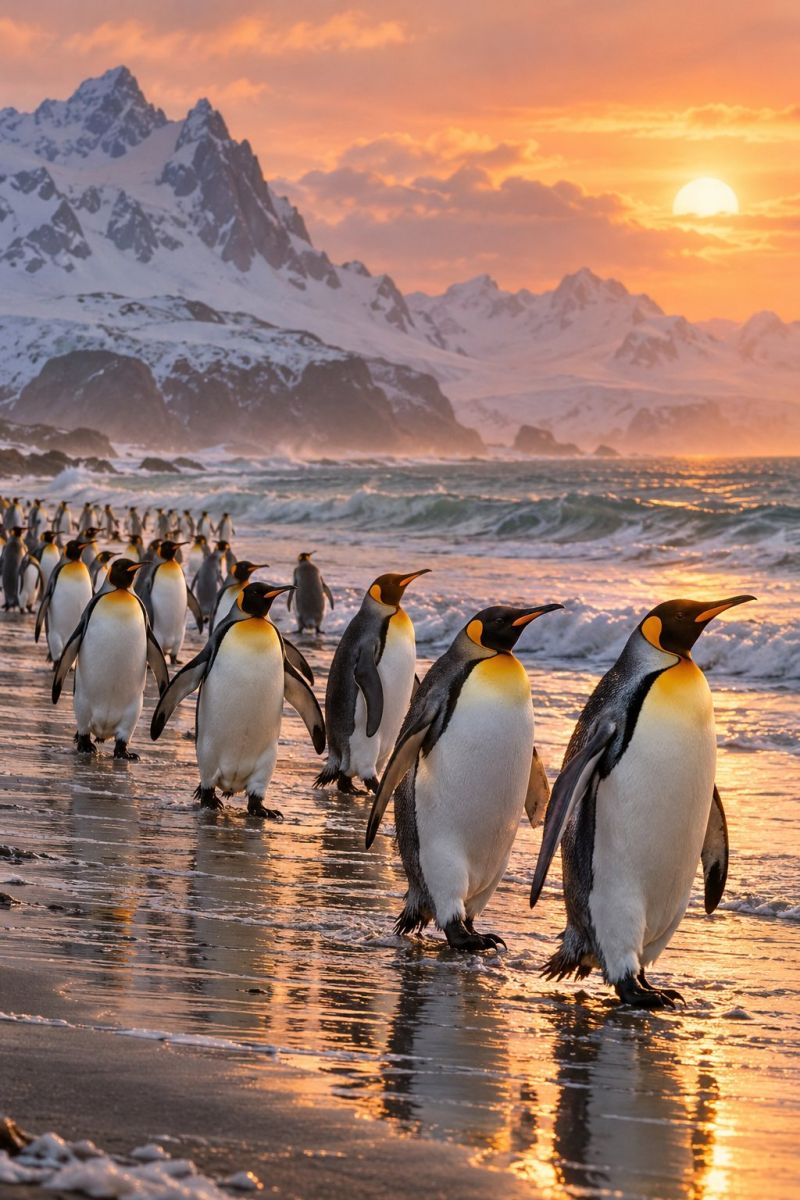 Pingouin faune nature ocean coucher soleil plage mer animal oiseau rivage cote marin montagne neige glace rocher falaise Un groupe de manchots royaux se promène sur une plage de sable au coucher du soleil. Les manchots ont des plumes noires et blanches, avec des taches jaunes sur la poitrine et le cou. Le soleil se couche au loin, projetant une lueur chaleureuse sur la scène. La plage est entourée de falaises rocheuses et de montagnes couvertes de neige. L'eau est calme, avec de petites vagues qui clapotent doucement le rivage.