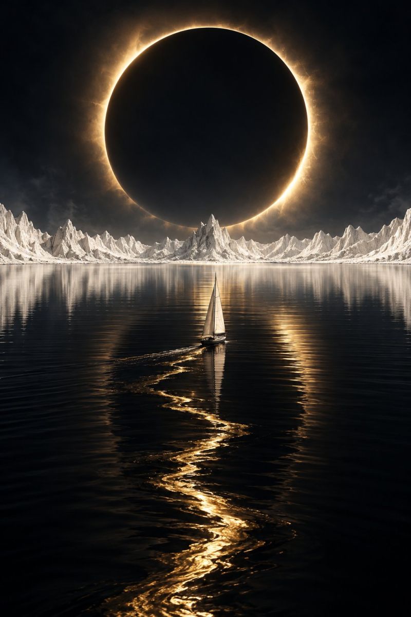 Boat water mountain sky night dark reflection sun sea cloud sunset sunrise horizon seascape ocean wave clouds solar eclipse a small sailboat glides across a dark, reflective body of water. The water mirrors the night sky, which is dominated by a total solar eclipse. The moon is completely covering the sun, creating a dramatic ring of light known as the 