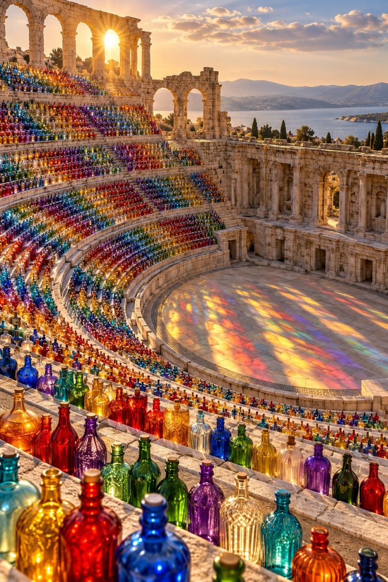 Into ancient ancien architecture bottle bouteille building batiment colorful culture decoration design display affichage glass verre history histoire Un grand amphithéâtre antique rempli de rangées de bouteilles en verre colorées. L'amphithéâtre est construit en pierre et dispose d'un arrangement de sièges semi-circulaire. Les bouteilles sont disposées en rangées, créant un affichage vibrant et coloré. Le soleil se couche à l'arrière-plan, projetant une douce lueur sur la scène. Le ciel est un mélange de teintes orange et roses, et la mer est visible au loin, avec une petite île ou péninsule au milieu. L'atmosphère générale est sereine et pittoresque, avec les bouteilles colorées ajoutant une touche ludique et artistique au cadre antique.