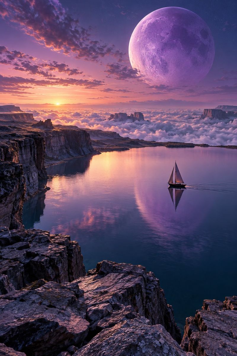 Bateau eau lac ciel reflet mer nuage montagne rocher falaise ocean coucher soleil nature horizon voyage soiree Un voilier glisse sur un lac serein, reflétant les teintes vibrantes du coucher de soleil et de la majestueuse lune violette au-dessus. Le lac est bordé de falaises abruptes et d'un terrain rocheux, avec en toile de fond un vaste ciel nuageux passant des couleurs chaudes du coucher de soleil aux violets et bleus profonds. La lune, exceptionnellement grande et brillante, ajoute une touche mystique à la scène.