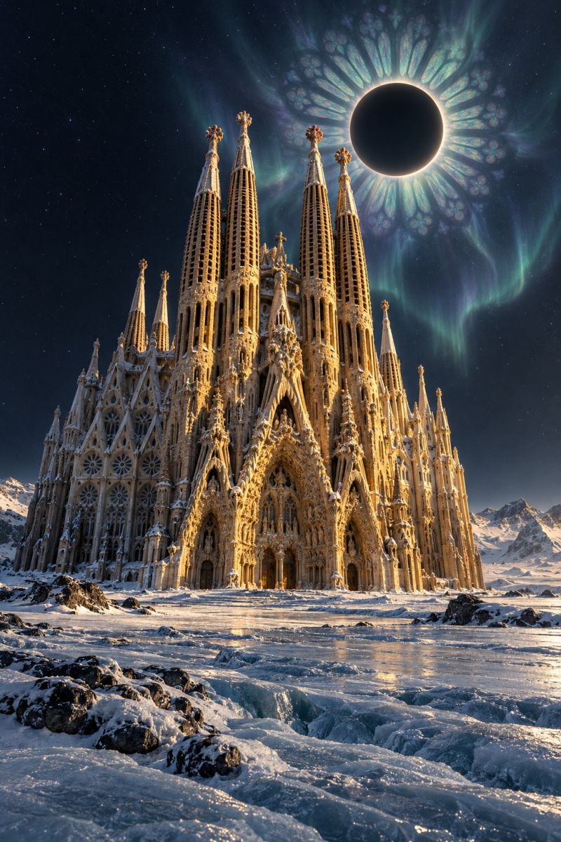 Architecture building cathedral church city dark design dramatic eclipse fantasy fictional glow gothic imagination medieval modern night golden hour grand, golden cathedral with intricate Gothic architecture, standing prominently in a snowy landscape. The cathedral has multiple tall spires and detailed stonework, with a large archway at its entrance. The sky above is dark, with a striking solar eclipse in progress, where the moon is perfectly centered, casting a dramatic shadow. Surrounding the moon, there are vibrant, swirling auroras in shades of green and blue, adding a mystical touch to the scene. The foreground is blanketed in snow, with scattered rocks and a frozen river running through the scene, reflecting the cathedral's golden glow.