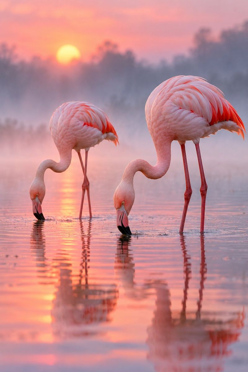 Flamant rose eau oiseau faune nature coucher soleil reflet animal observation oiseaux troupeau Deux flamants roses sont debout dans des eaux peu profondes, leur long cou penché pour boire. Leurs plumes roses reflètent les teintes chaudes et orangées du soleil couchant, qui est partiellement caché derrière un fond brumeux d'arbres. L'eau est calme et le reflet des flamants roses et du ciel crée une scène sereine et pittoresque. Le ciel est un dégradé de rose et de gris, indiquant la fin de la journée.