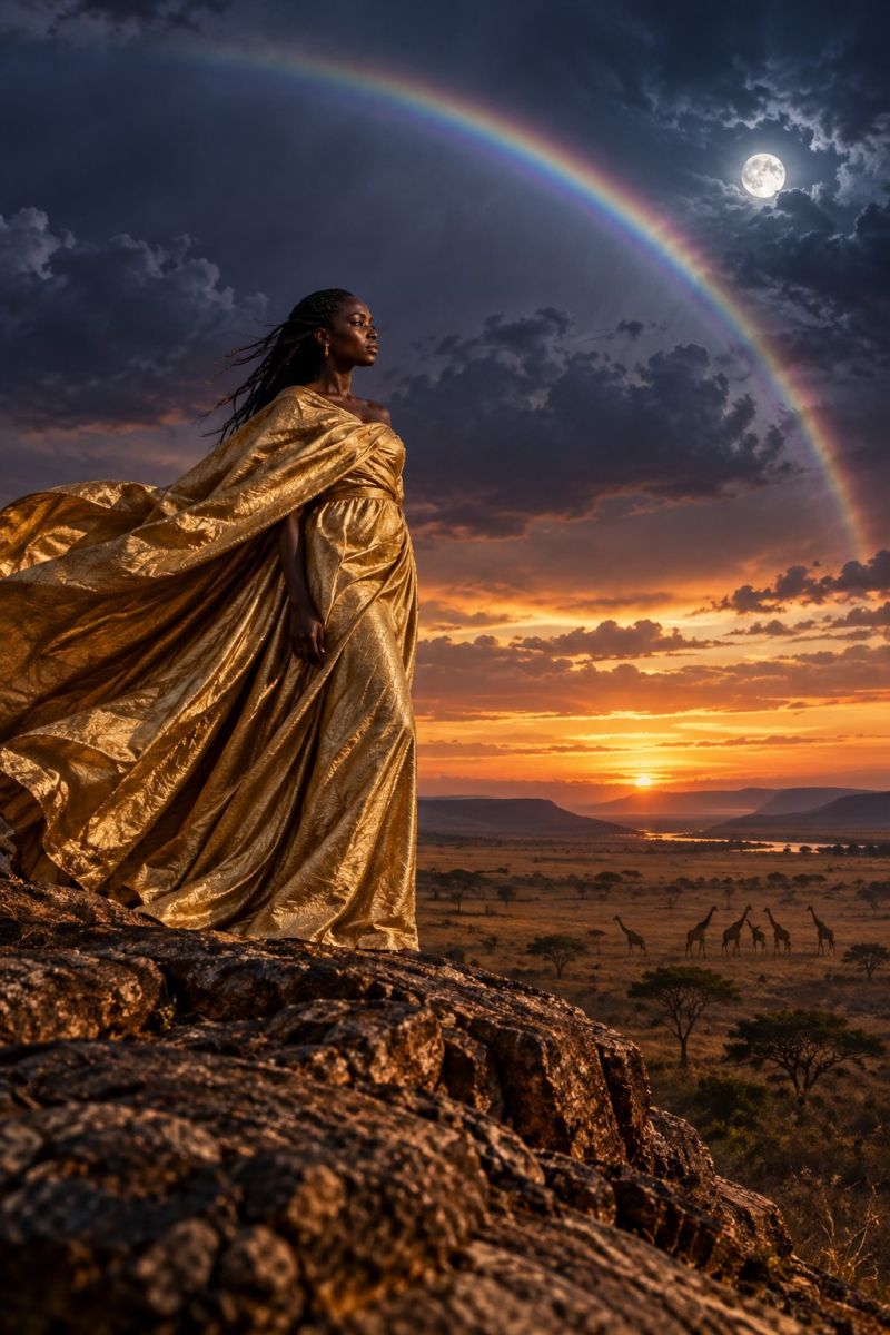 Femme robe coucher soleil arc ciel lune nuages faune girafes colline arbres horizon nature beaute inspiration reves imagination creativite Une femme se tient debout sur un piton rocheux, sa silhouette se dessinant sur le ciel crépusculaire. Elle porte une robe dorée fluide qui capte la lumière et s'écoule autour d'elle comme une seconde peau. Ses cheveux sont coiffés en vagues lâches qui descendent en cascade dans son dos. Le ciel au-dessus est une toile spectaculaire de bleus et de violets profonds, avec une pleine lune projetant une douce lueur. Un arc-en-ciel éclatant s'étend dans le ciel et ses couleurs se fondent parfaitement dans le crépuscule. Au loin, un vaste paysage de savane parsemé d'arbres et d'un troupeau de girafes paissant paisiblement. Le soleil couchant donne une teinte dorée et chaude à la scène, créant une atmosphère magique et sereine.