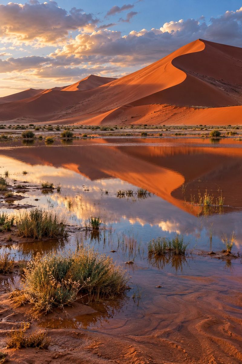 Desert dunes coucher soleil reflet eau ciel nuages nature air sable horizon vegetation sec aride terres arides saison lit riviere lac vaste paysage désertique avec une grande dune de sable en son centre. La dune est d'une couleur orange foncé, avec ses pentes et ses crêtes clairement visibles. Le ciel au-dessus est un mélange de nuages bleus et blancs, ce qui suggère que l'heure est le lever ou le coucher du soleil. Les rayons du soleil projettent une lumière chaude et dorée sur la scène, soulignant les contours de la dune et créant une ombre spectaculaire sur le sol. Au premier plan, un plan d'eau, peut-être un petit étang ou une flaque d'eau, reflète le ciel et la dune. L'eau est calme et quelques petites plantes poussent sur ses bords. La scène générale est sereine et pittoresque, capturant la beauté d'un désert au crépuscule.
