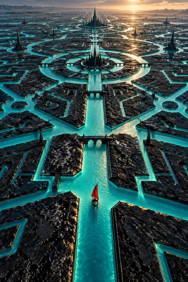 Architecture pont canal ville urbain concept design fantastique fictif jardin geometrique imagination labyrinthe medieval moderne perspective aerien paysage vaste et complexe semblable à un labyrinthe avec une voie navigable centrale. Le labyrinthe est composé de terrains rocheux sombres et est sillonné par un réseau de cours d'eau qui brillent d'un bleu vif. Au centre du labyrinthe, un petit voilier à voile rouge navigue sur l'eau. Le labyrinthe est entouré de structures imposantes en forme de flèche qui semblent faire partie d'une conception architecturale grandiose. Le ciel au-dessus est un mélange de teintes orange et rose, évoquant l'aube ou le crépuscule. L'ensemble de la scène a une qualité surréaliste, presque fantastique.