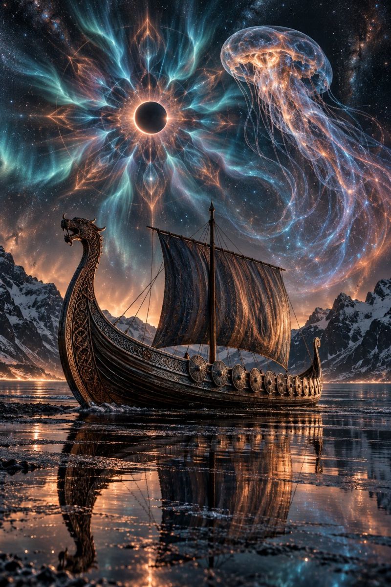 Boat water reflection ship dragon night sky space universe star galaxy cosmos astronomy celestial nautical fantasy mythology outer starry A Viking ship with a dragon head at the bow floats on a calm, dark body of water. The ship's sail is down, and it has a series of round shields along the side. The water reflects the ship and the sky, which is filled with a vibrant, swirling galaxy with a large, glowing jellyfish and a dark, circular eclipse in the center. The background features snowy mountains under a starry sky.
