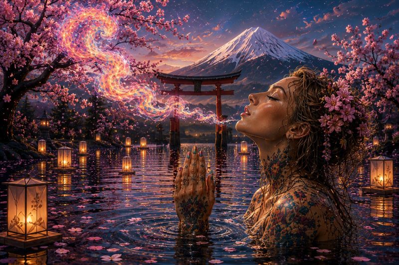 Water lake mountain temple woman tattoos flowers lanterns sunset reflection nature meditation spirituality fantasy dreamlike surrealism imagination A woman with tattoos on her arms and chest stands in a serene body of water, her hair adorned with pink flowers. She gazes upward, her mouth slightly open, as if in a moment of contemplation or inspiration. The water around her is calm, with floating lanterns casting a warm glow. Behind her, a traditional Japanese torii gate stands, and cherry blossoms float in the air, creating a magical atmosphere. In the distance, a majestic mountain with a snow-capped peak adds to the serene and picturesque setting.