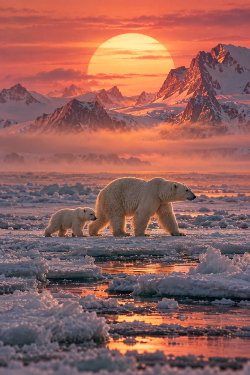 Cub snow ice sunset mountains wildlife nature arctic exploration adventure conservation habitat parenting family polar bear climate change animal beha In the foreground, a mother polar bear and her cub are walking on a snowy, icy surface. The mother bear is larger and has a more robust build, while the cub is smaller and follows closely behind. The sky is a deep orange and pink, indicating a sunset. In the background, there are snow-covered mountains with rugged terrain. The sun is setting behind the mountains, casting a warm glow over the entire scene. The water in the foreground reflects the colors of the sky, adding to the serene and picturesque atmosphere.
