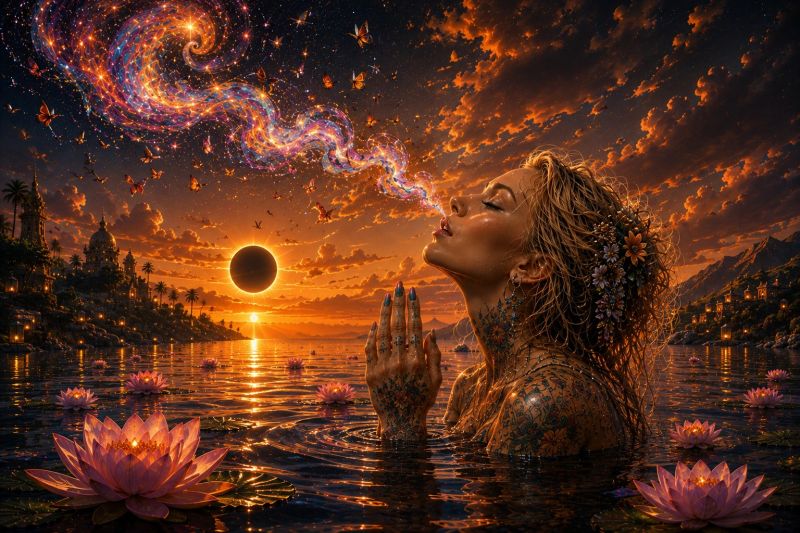 Woman water flower sky butterfly sunset cloud ocean mountain night dream fantasy beauty meditation inspiration creativity imagination surrealism a woman with long, wavy hair stands in a serene body of water, surrounded by pink lotus flowers. She is gazing upward, her eyes closed, and appears to be exhaling a colorful, spiral-shaped cloud of light that ascends into the sky. The sky is a dramatic mix of orange and pink hues, with a setting sun partially obscured by clouds. Above the woman, numerous butterflies flutter through the air, adding to the magical atmosphere. In the distance, a silhouette of a city with lit-up buildings and a silhouette of mountains can be seen, creating a contrast between the natural and urban elements. The water reflects the warm colors of the sky, and the overall scene is bathed in a soft, ethereal glow.