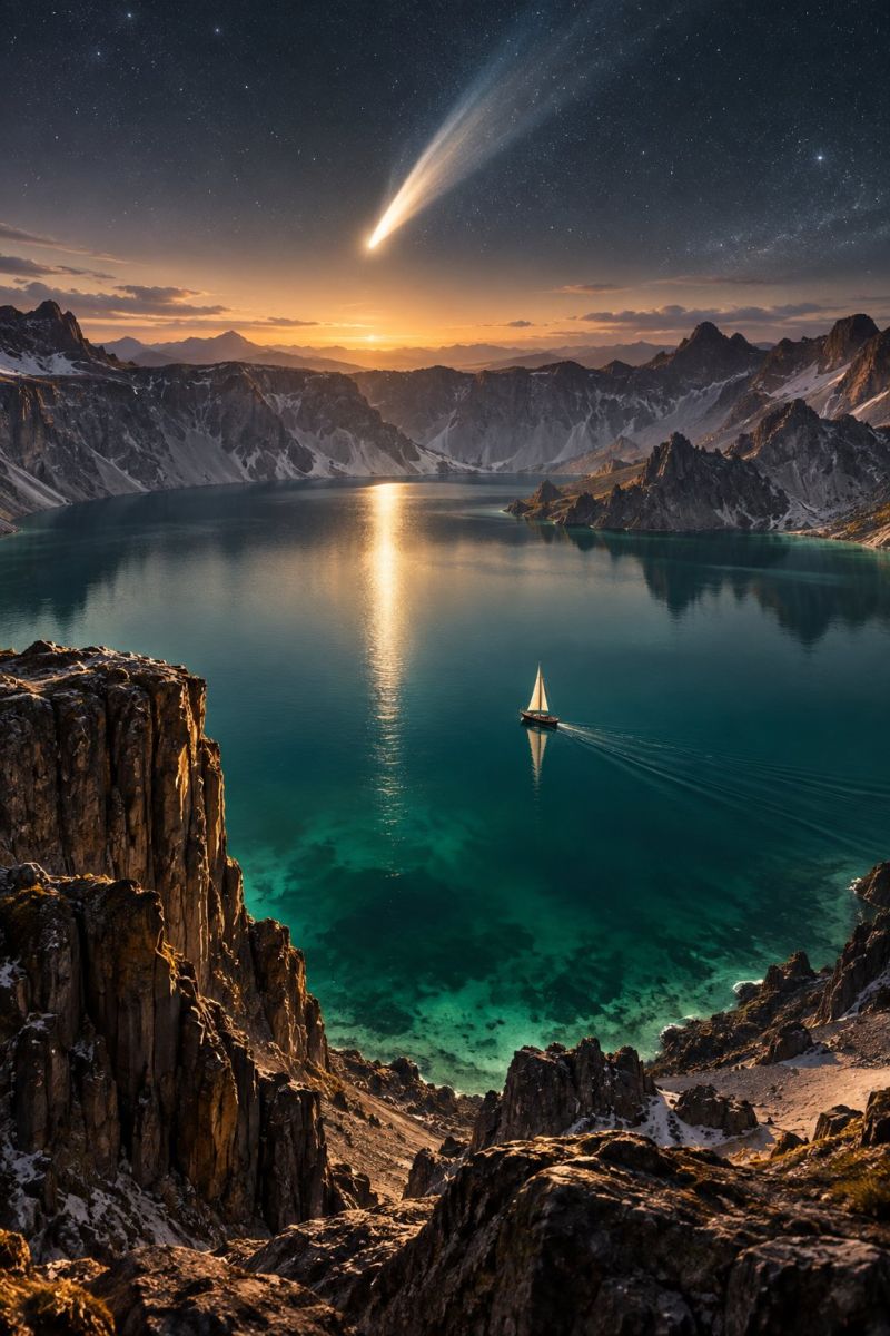 Lac montagne eau ciel nuit comete reflet bateau coucher soleil horizon nuage roche mer etoile espace Un lac serein est niché entre des montagnes rocheuses escarpées sous un ciel crépusculaire. Un petit voilier glisse gracieusement sur l'eau, reflétant les teintes dorées du soleil couchant. Le ciel est orné d'une longue comète brillante qui le traverse, ajoutant une touche d'émerveillement céleste. La surface du lac reflète le paysage environnant et les couleurs du ciel, créant un paysage paisible et pittoresque.