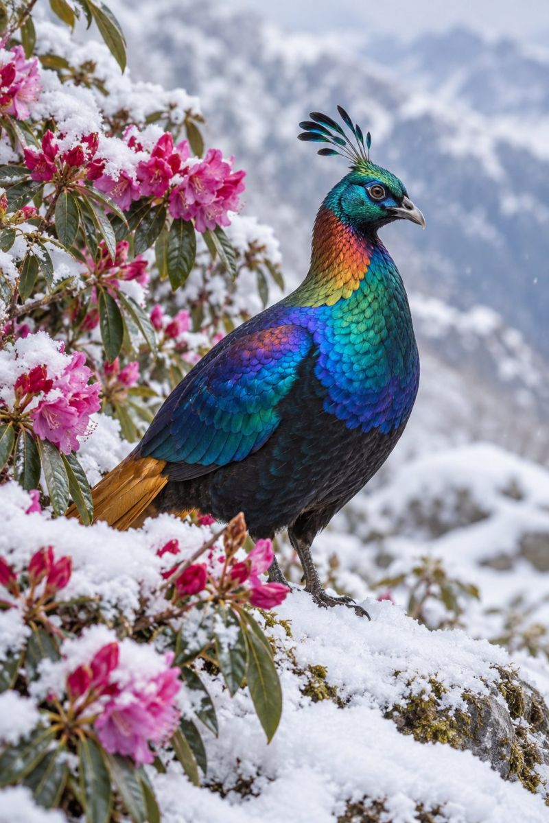 Oiseau montagne nature air faune animal paon plume fleur neige plante rocher colline ciel arbre gel froid Un oiseau vibrant au plumage multicolore, y compris des nuances de bleu, de vert, de jaune et de rouge, se dresse sur un rocher enneigé recouvert de fleurs roses. L'oiseau a une longue queue élégante et un bec pointu. L'arrière-plan représente une montagne enneigée avec un ciel clair.