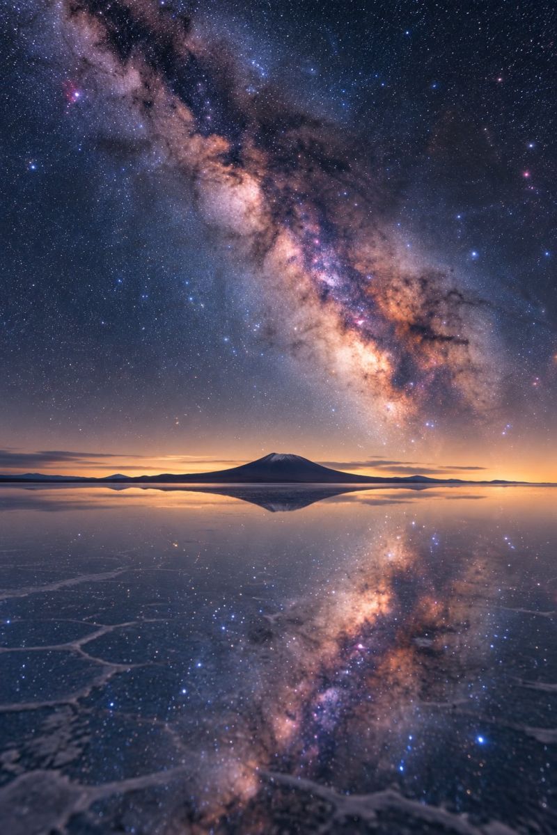 Night sky stars reflection lake water mountain horizon clouds sunset nature astronomy galaxy universe dark outer space breathtaking night sky filled with stars and the Milky Way galaxy. The Milky Way stretches across the sky, glowing with a mix of orange and white hues. The reflection of the stars and the Milky Way is mirrored on the calm, dark water below, creating a serene and almost magical scene. In the foreground, there is a vast, flat expanse of water, possibly a lake or a sea, reflecting the night sky perfectly. In the distance, a silhouette of a mountain range is visible, adding to the dramatic landscape. The sky transitions from a deep blue to a lighter blue near the horizon, indicating the onset of dawn.