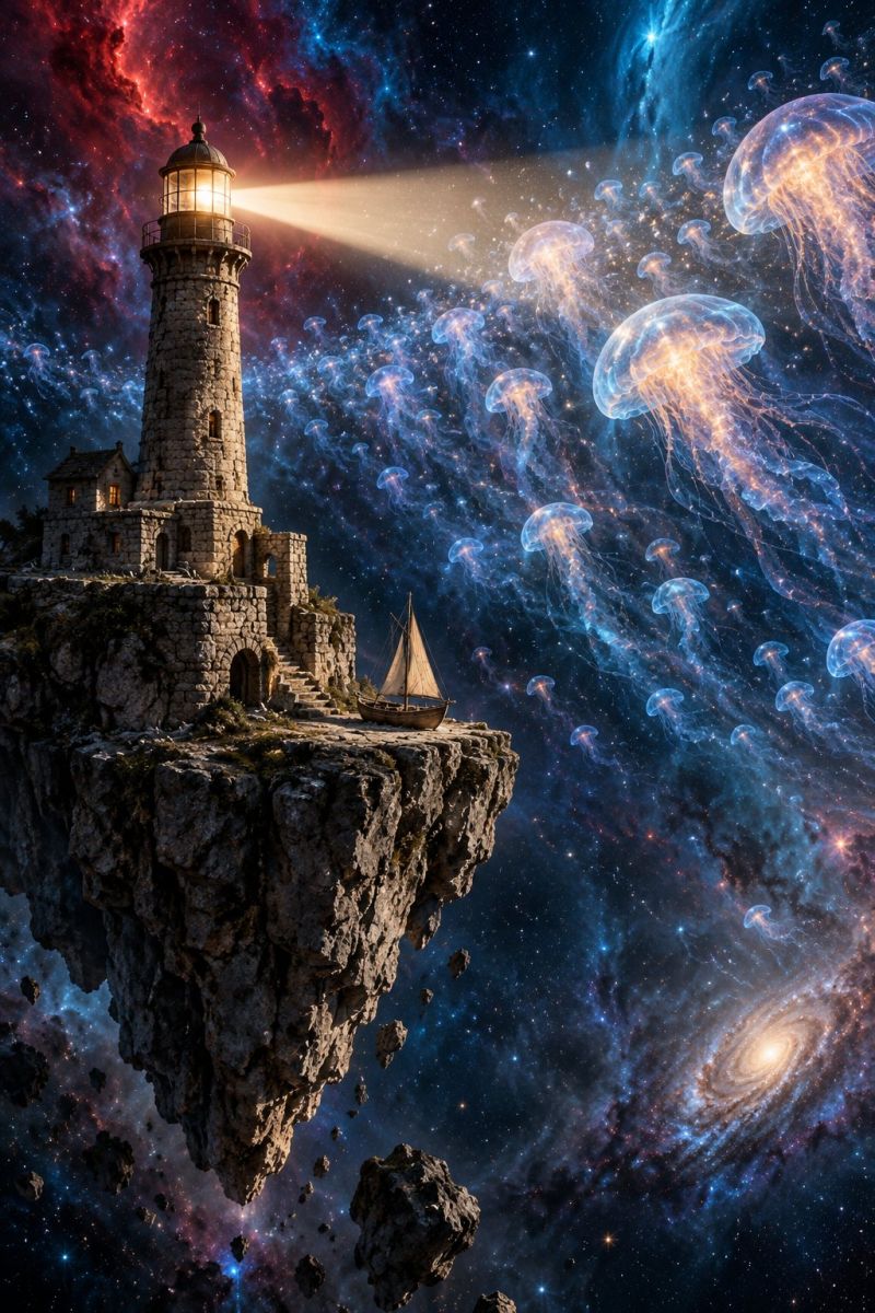 Lighthouse space galaxy night star astronomy universe cosmos celestial starry nebula outer A lighthouse stands on a rocky cliff, its light beaming brightly into the night sky. The lighthouse is surrounded by a small house and a sailboat. The scene is set against a back of a galaxy with swirling colors of blue, purple, and red. Jellyfish float gracefully in the space, adding a touch of mystery and wonder. The sky is filled with stars, and the overall atmosphere is one of tranquility and exploration.