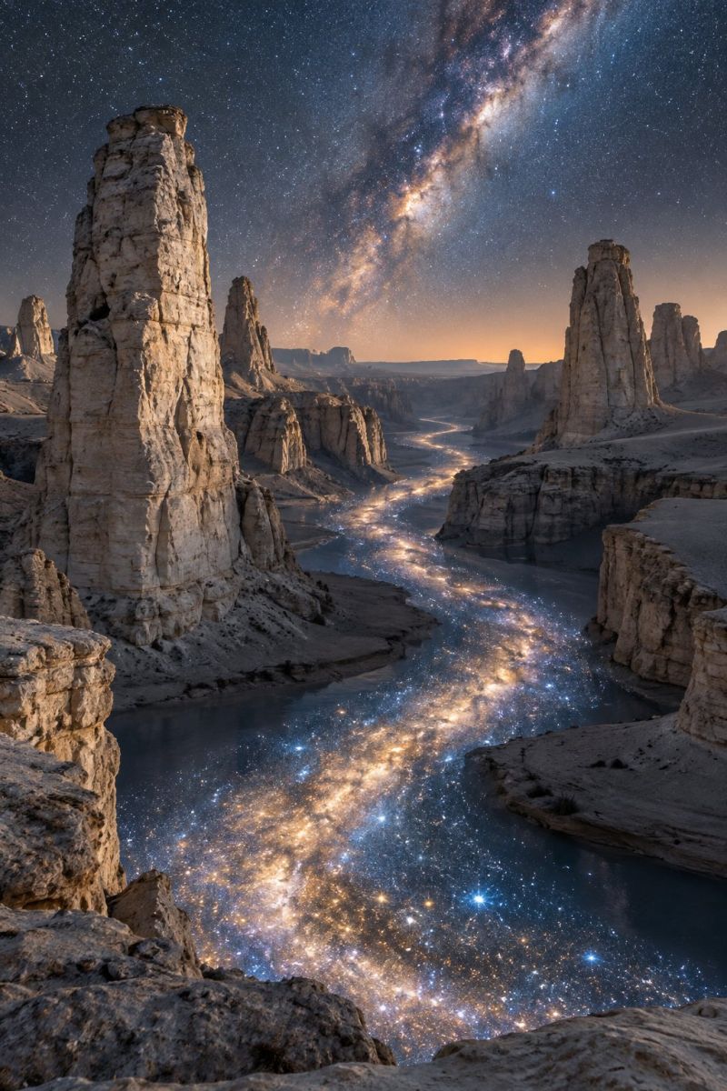 Nuit ciel etoiles rocher montagne eau riviere reflet obscurite nuages rochers formation falaise flanc vaste paysage désertique la nuit, avec une rivière sinueuse traversant le terrain rocheux. La rivière reflète le ciel étoilé, créant un effet chatoyant. Le ciel est rempli d'innombrables étoiles et la galaxie de la Voie lactée est bien visible et s'étend à l'horizon. Le désert est parsemé de hautes formations rocheuses déchiquetées qui s'élèvent brusquement du sol. La scène est baignée d'une lumière douce et éthérée, provenant peut-être de la lune ou de lumières lointaines, projetant de douces ombres sur les rochers et la rivière. L'atmosphère générale est sereine et surnaturelle, avec une sensation d'immensité et de tranquillité.