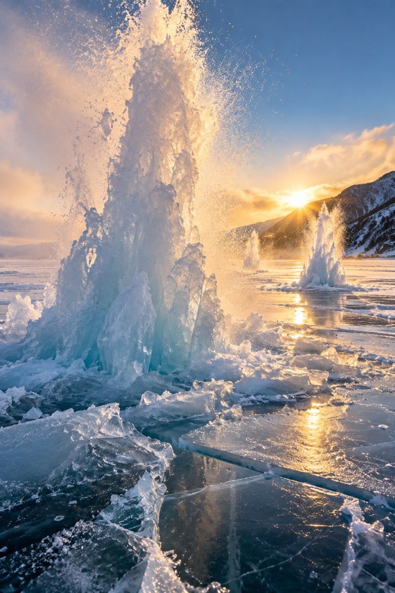 Ice water sun sky sunrise mountain snow lake reflection spray splash iceberg glacier glaciers icebergs The image captures a dramatic scene of a geyser erupting on a frozen lake during sunset. The geyser is a large, conical structure made of ice, with water spraying upwards and splashing around. The water is a deep blue color, reflecting the golden hues of the setting sun. The sky is a mix of orange and pink, with the sun partially hidden behind clouds. In the background, there are snow-covered mountains, adding to the wintery atmosphere. The ice on the lake is broken into large, irregular pieces, some of which are floating. The overall scene is both beautiful and powerful, showcasing the raw force of nature.