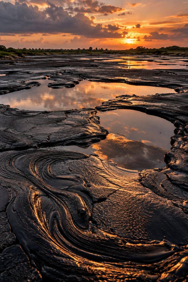 Sunset water reflection mud waves clouds sky sun horizon beach shoreline ripples The image captures a dramatic sunset over a vast, cracked mudflat. The sky is a mix of deep oranges and pinks, with scattered clouds reflecting the setting sun's light. The mudflat is cracked and uneven, with water pooling in the depressions, creating a reflective surface that mirrors the sky's colors. The foreground features intricate, wave-like patterns in the mud, illuminated by the setting sun, casting a warm, golden glow. In the distance, a line of trees and bushes marks the horizon, adding depth to the scene.