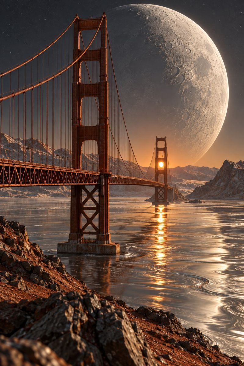 Pont suspension cable cables haubanes ingenierie coucher soleil eau architecture Le Golden Gate Bridge se dresse majestueusement sur fond de grande lune rougeoyante. La couleur orange emblématique du pont et le design complexe des câbles sont mis en valeur. L'eau sous le pont reflète les teintes chaudes et dorées du soleil couchant, créant une scène sereine et pittoresque. Des falaises rocheuses bordent le rivage, ajoutant à la beauté sauvage du paysage. Le ciel est sombre, avec la lune et quelques étoiles visibles, ce qui renforce l'atmosphère tranquille et surnaturelle de l'image.
