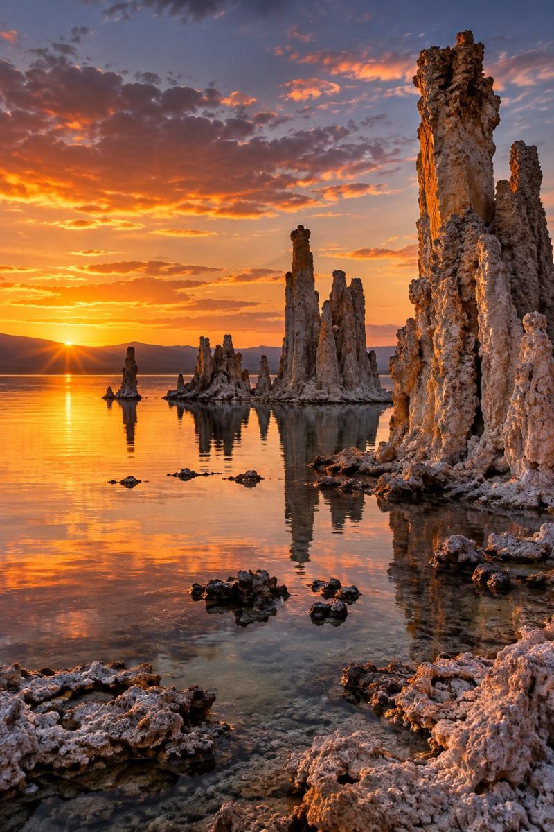 Coucher soleil eau reflet ciel nature rocher mer rocheux formation rivage falaise plage littoral affleurement ligne L'image montre un coucher de soleil serein sur un plan d'eau, avec un ciel spectaculaire peint dans des tons orange et rose. Au premier plan, plusieurs hautes formations rocheuses déchiquetées émergent de l'eau, dont les reflets se reflètent dans l'eau calme et claire. L'eau elle-même est d'un bleu profond, contrastant avec les tons dorés du soleil couchant. La ligne d'horizon est marquée par des montagnes lointaines, ce qui ajoute de la profondeur à la scène. L'atmosphère générale est paisible et pittoresque, la beauté naturelle du paysage étant mise en valeur par la lumière chaude et douce du coucher de soleil.