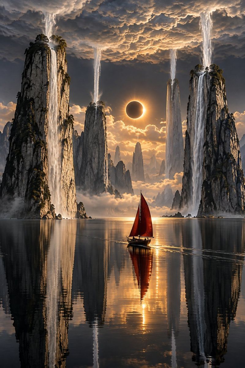 Bateau eau reflet lac montagne cascade soleil ciel nuage roche mer nature coucher eclipse rocheux formation Une scène sereine met en scène un petit voilier à voile rouge qui survole un lac calme. Le lac est entouré d'imposantes formations rocheuses, dont certaines sont recouvertes de cascades. Le ciel est un mélange de teintes chaudes de coucher de soleil et de nuages sombres, avec une éclipse solaire partielle visible. L'eau reflète le voilier, les formations rocheuses et le ciel, créant un effet miroir. L'atmosphère générale est paisible et pittoresque.