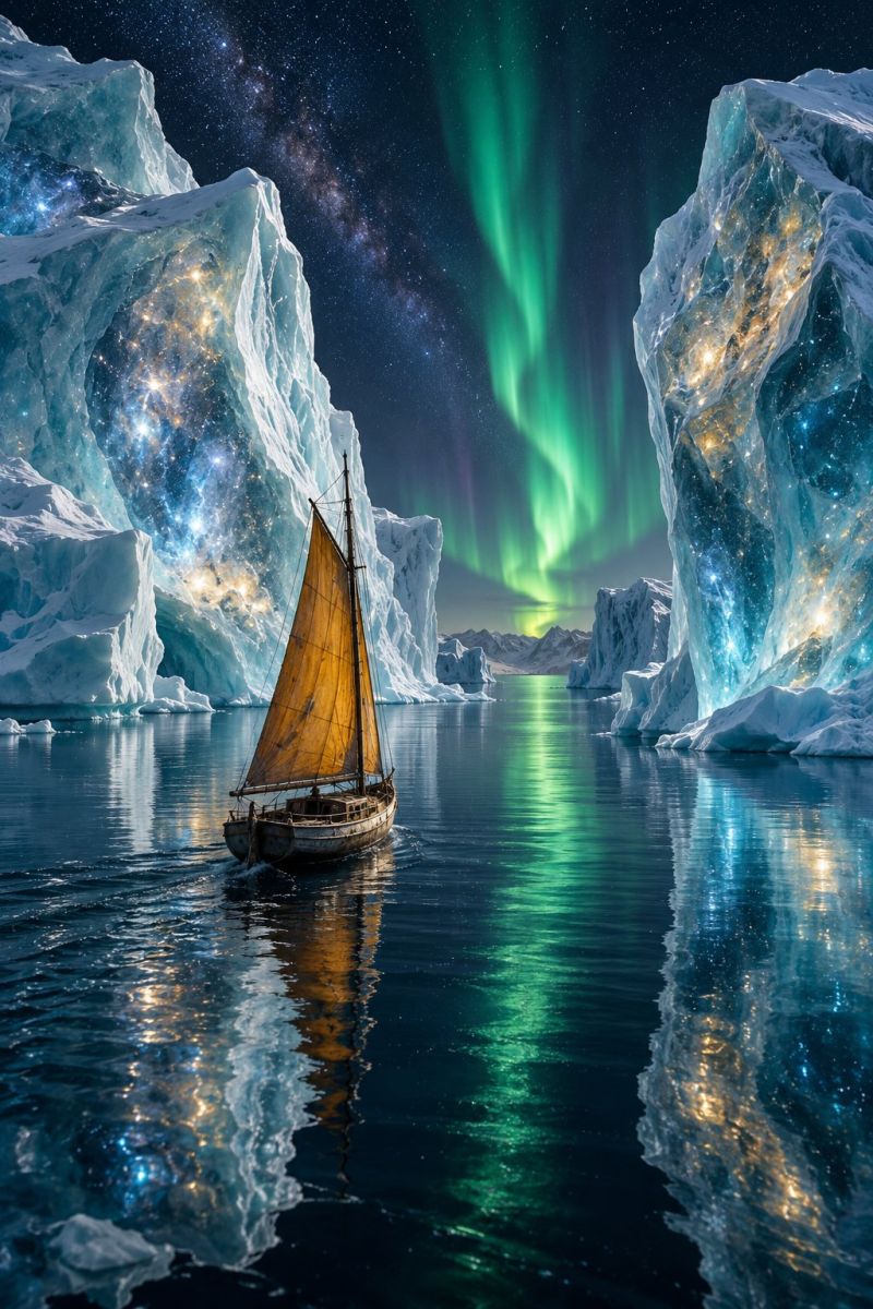 Boat water ice reflection night sky aurora sea ocean iceberg mountain cloud star glow glowing A small sailboat with a yellow sail is sailing in the middle of a serene, icy sea. The boat is surrounded by towering icebergs, their surfaces reflecting the vibrant green and yellow hues of the aurora borealis in the sky. The aurora lights up the night sky with its ethereal glow, casting a magical light on the water and the icebergs. The water is calm, mirroring the sky and the icebergs, creating a sense of tranquility and wonder.